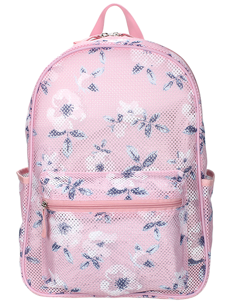 Side view of allover strawberry printed breathable mesh backpack, fabric top handle, independent front zipper pocket and dual side mesh slip pockets, lightweight student casual daypack for bulk supply