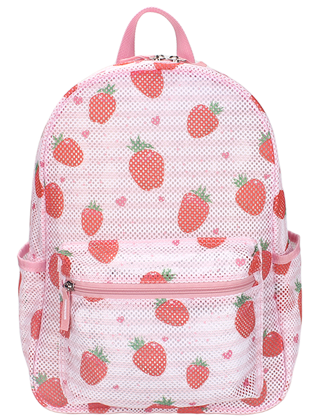 Side view of allover strawberry printed breathable mesh backpack, fabric top handle, independent front zipper pocket and dual side mesh slip pockets, lightweight student casual daypack for bulk supply