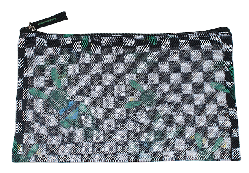 Flat rectangular mesh pouch with allover checkerboard cactus print, full top zipper with fabric pull tab, breathable lightweight storage bag for stationery, cosmetics and small accessories for bulk supply