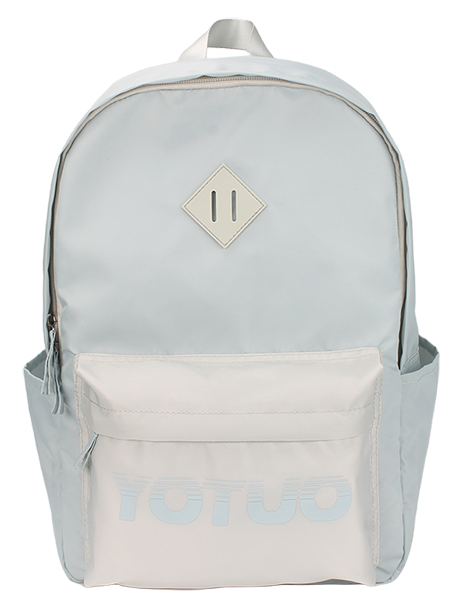 Wholesale color block letter print backpack, durable nylon school casual day bag with front zip compartment
