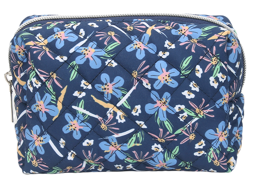 Portable small quilted makeup pouch with full zipper closure for travel toiletries storage