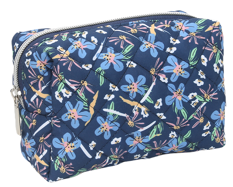 Portable small quilted makeup pouch with full zipper closure for travel toiletries storage