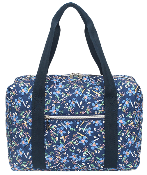 Portable overnight carry bag with dual top handles and multi-zip storage compartments