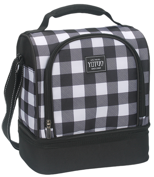 Two-tier insulated cooler bag with top handle, front zipper pocket and adjustable shoulder strap