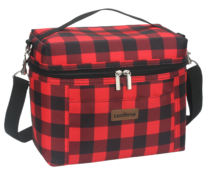 Square insulated cooler bag with top handle, dual metal zippers and adjustable shoulder strap