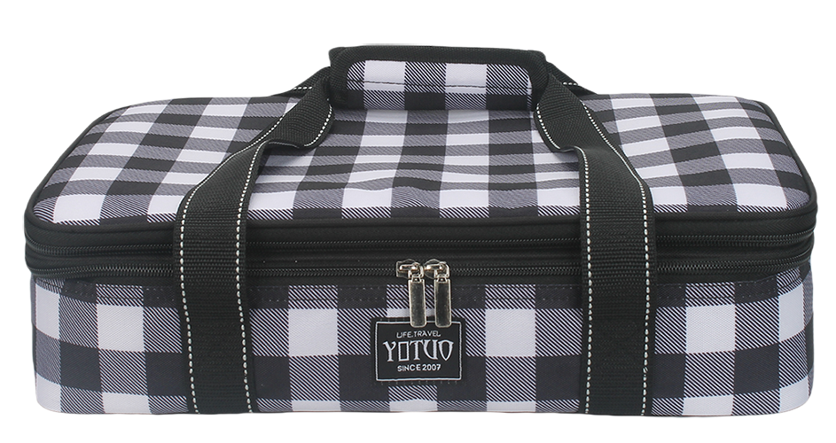 Rectangular insulated cooler bag with top handle, dual metal zippers and woven hand straps