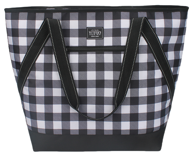 Insulated cooler tote bag with dual wide hand straps and front zipper pocket