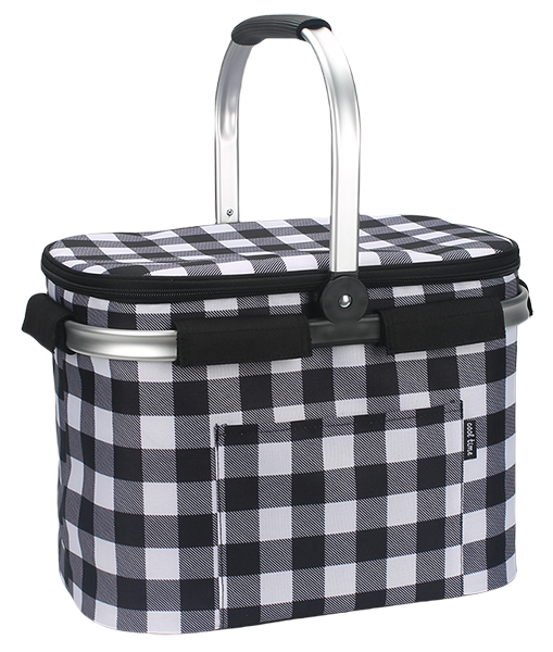 Foldable aluminum frame picnic cooler basket with front zipper pocket and full top zipper closure