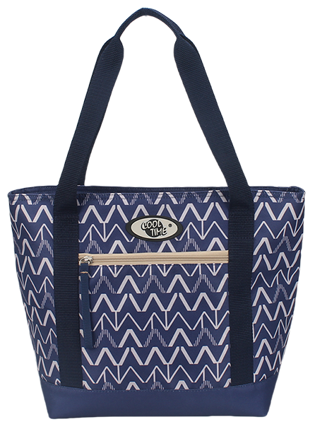 Open top insulated cooler tote bag with wide hand straps and front zipper pocket