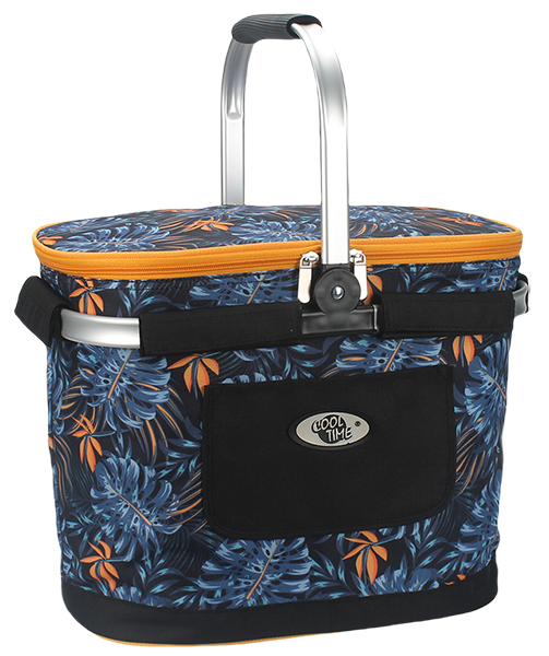 Foldable aluminum handle insulated cooler basket with front patch pocket and top zipper closure