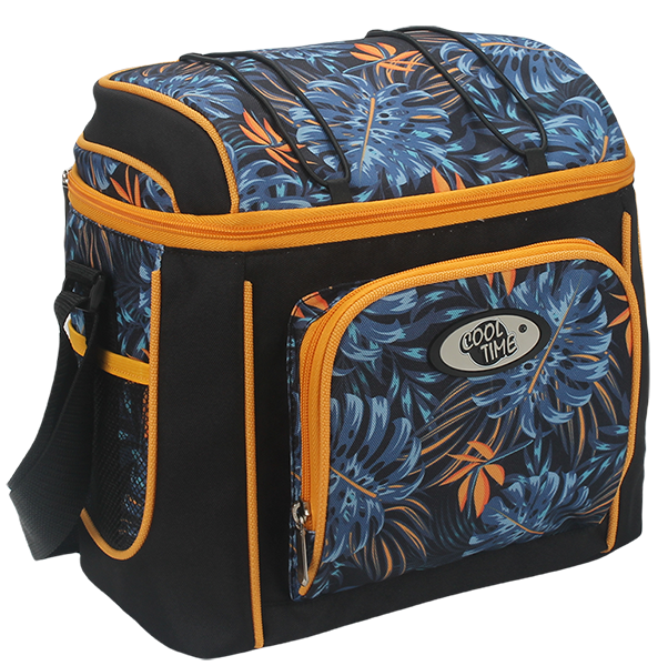 Square insulated cooler bag with front zipper pocket, side mesh pocket and adjustable shoulder strap