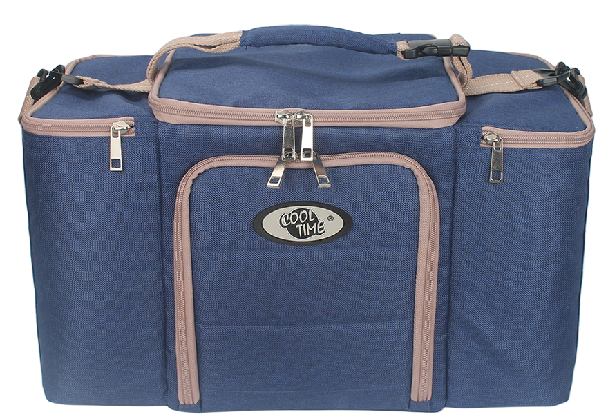 Large multi compartment insulated cooler bag with top handle, front zipper pocket and adjustable shoulder strap