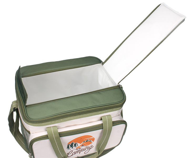 Two-tone camping graphic insulated cooler bag with top carry handles, front zipper pocket and adjustable padded shoulder strap