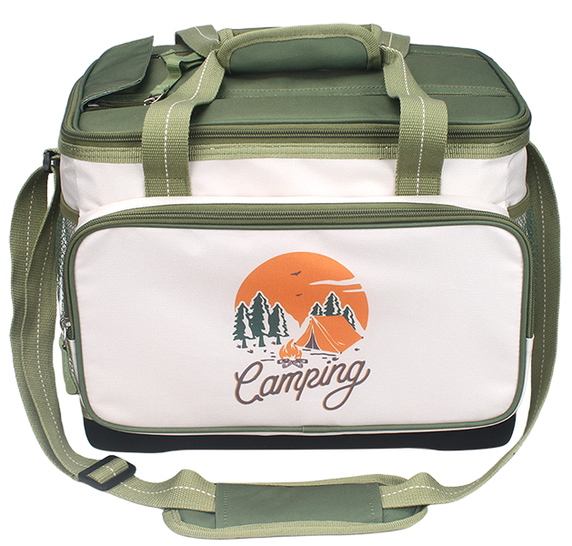 Two-tone camping graphic insulated cooler bag with top carry handles, front zipper pocket and adjustable padded shoulder strap