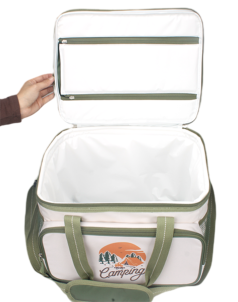 Two-tone camping graphic insulated cooler bag with top carry handles, front zipper pocket and adjustable padded shoulder strap