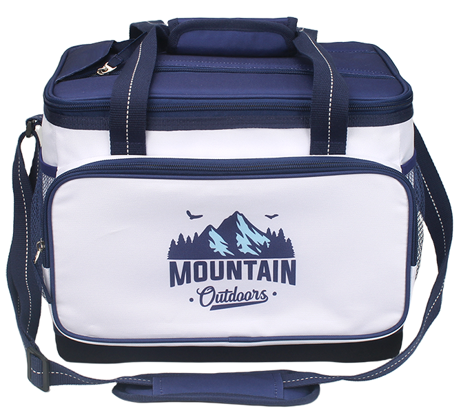 Two-tone camping graphic insulated cooler bag with top carry handles, front zipper pocket and adjustable padded shoulder strap