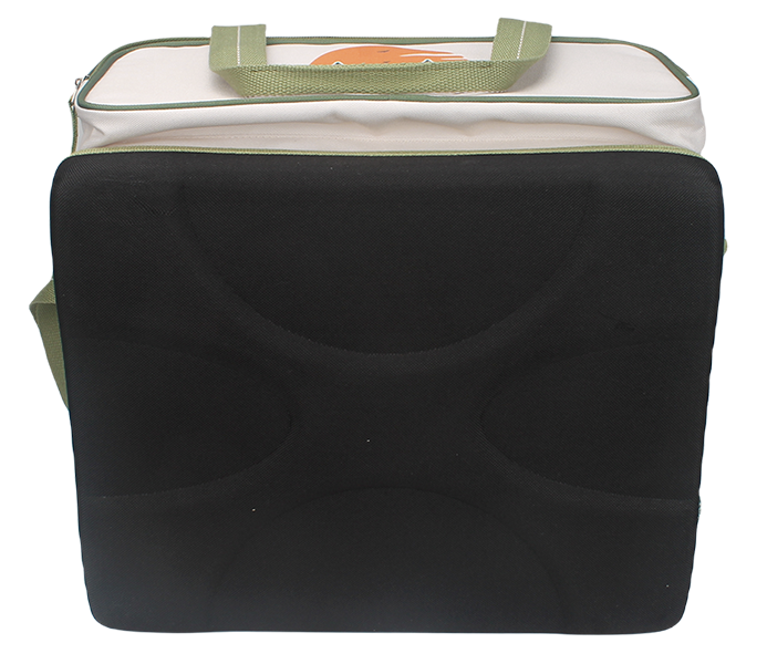 Two-tone camping graphic insulated cooler bag with top carry handles, front zipper pocket and adjustable padded shoulder strap