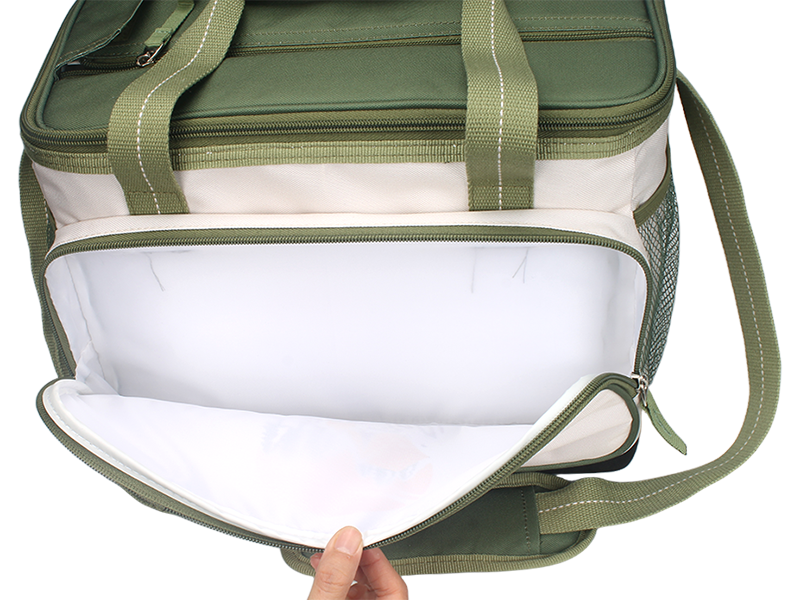 Two-tone camping graphic insulated cooler bag with top carry handles, front zipper pocket and adjustable padded shoulder strap