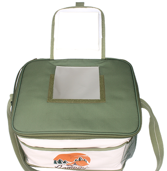 Square camping graphic insulated cooler bag with top transparent window, dual side mesh pockets and adjustable padded shoulder strap