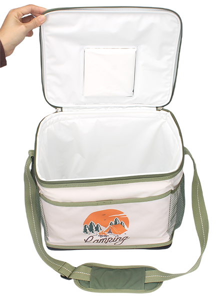 Square camping graphic insulated cooler bag with top transparent window, dual side mesh pockets and adjustable padded shoulder strap