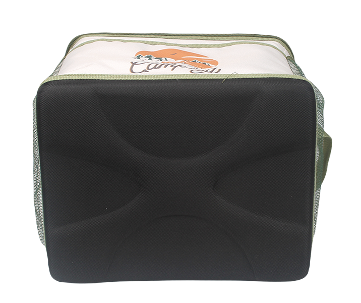 Square camping graphic insulated cooler bag with top transparent window, dual side mesh pockets and adjustable padded shoulder strap