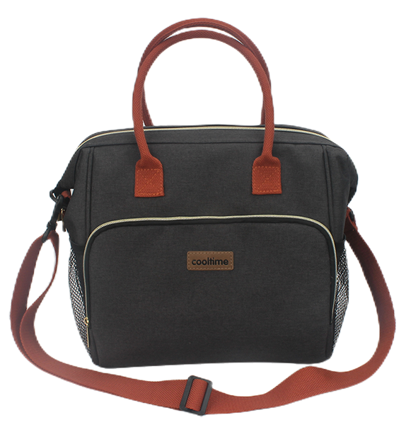 Grey fabric insulated cooler bag with dual top handles, front zipper pocket, dual side mesh pockets and adjustable crossbody shoulder strap