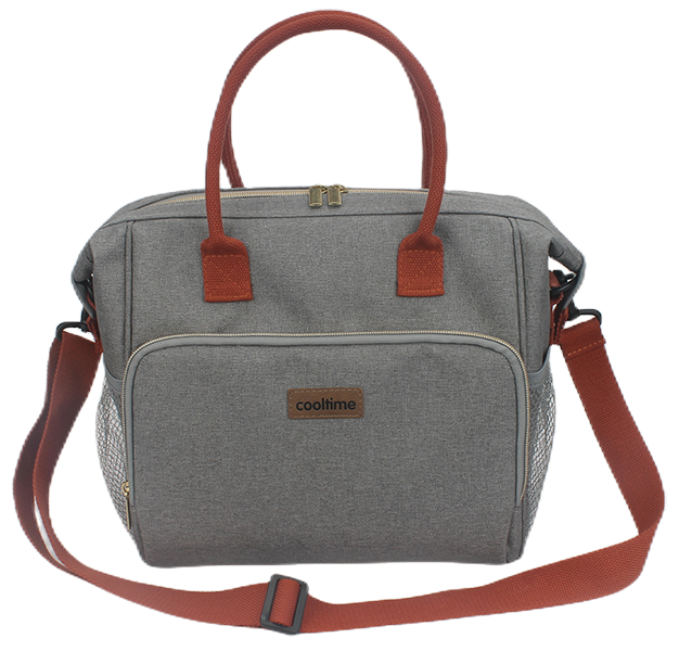 Grey fabric insulated cooler bag with dual top handles, front zipper pocket, dual side mesh pockets and adjustable crossbody shoulder strap
