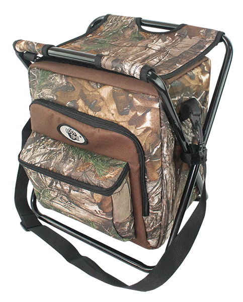Foldable camouflage cooler chair bag with double front zipper pockets, metal chair frame and adjustable crossbody shoulder strap