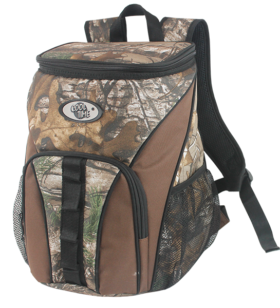 Vertical camouflage insulated cooler backpack with front zipper pocket, side mesh pockets, molle webbing and padded adjustable shoulder straps