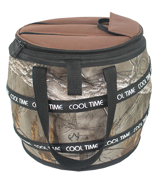 Round barrel camouflage cooler bag with branded 