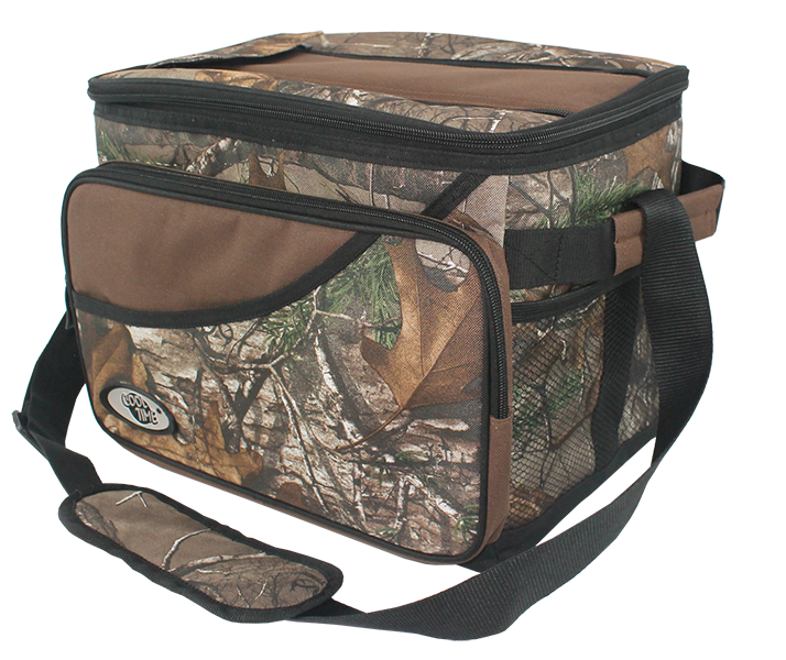 Rectangular camouflage insulated cooler bag with front diagonal zipper pocket, side mesh pocket and adjustable padded shoulder strap
