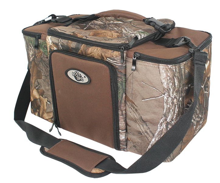 Multi compartment camouflage insulated cooler bag with front zipper pocket, dual side zipper compartments, top handle and adjustable padded shoulder strap