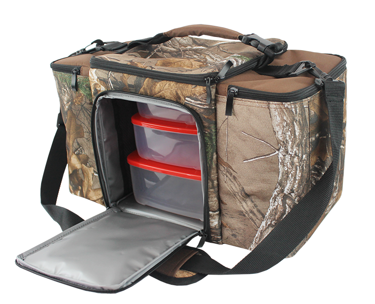 Multi compartment camouflage insulated cooler bag with front zipper pocket, dual side zipper compartments, top handle and adjustable padded shoulder strap