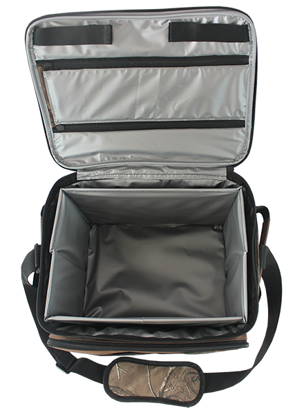 Rectangular camouflage insulated cooler bag with front diagonal zipper pocket, side mesh pocket and adjustable padded shoulder strap