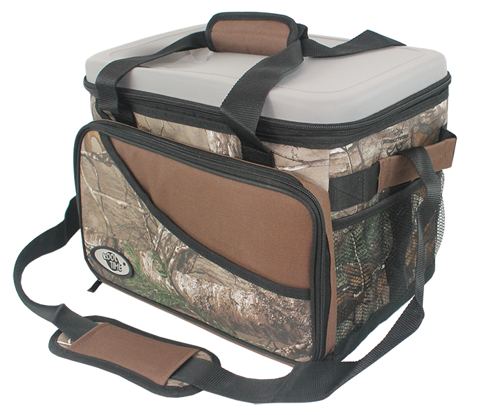 Camouflage insulated cooler bag with hard plastic top lid, top carry handles, front diagonal zipper pocket, side mesh pocket and adjustable padded shoulder strap