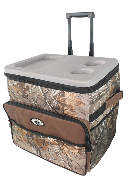 Camouflage print rolling insulated cooler bag with retractable trolley handle, hard plastic cup holder lid, front zipper pocket and side mesh pocket