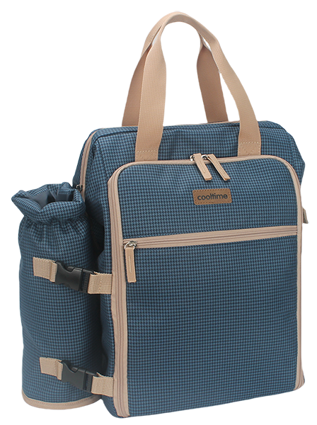 Houndstooth insulated cooler tote bag with dual top handles, multi front zipper pockets and detachable side drawstring bottle holder