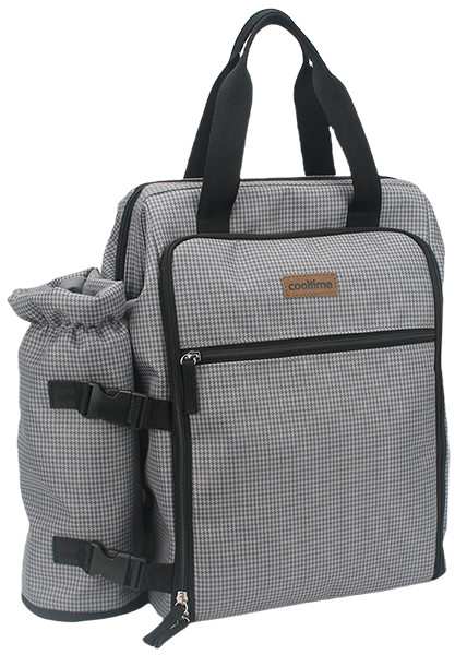 Grey houndstooth insulated cooler tote bag with black top handles, dual front zipper pockets and detachable side drawstring bottle holder