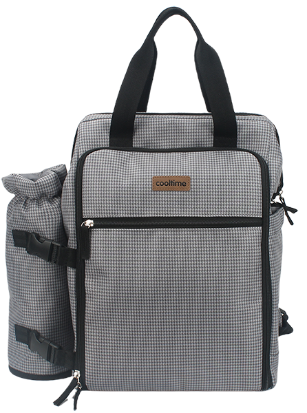 Grey houndstooth insulated cooler tote bag with black top handles, dual front zipper pockets and detachable side drawstring bottle holder