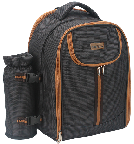 Dark houndstooth insulated cooler backpack with top carry handle, front double zipper pockets and detachable side drawstring bottle holder