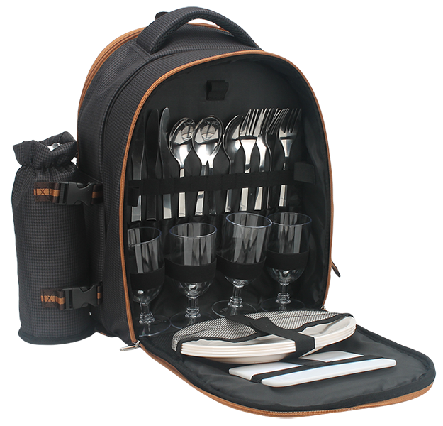Dark houndstooth insulated cooler backpack with top carry handle, front double zipper pockets and detachable side drawstring bottle holder