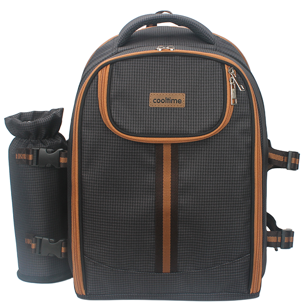 Dark houndstooth insulated cooler backpack with top carry handle, front double zipper pockets and detachable side drawstring bottle holder