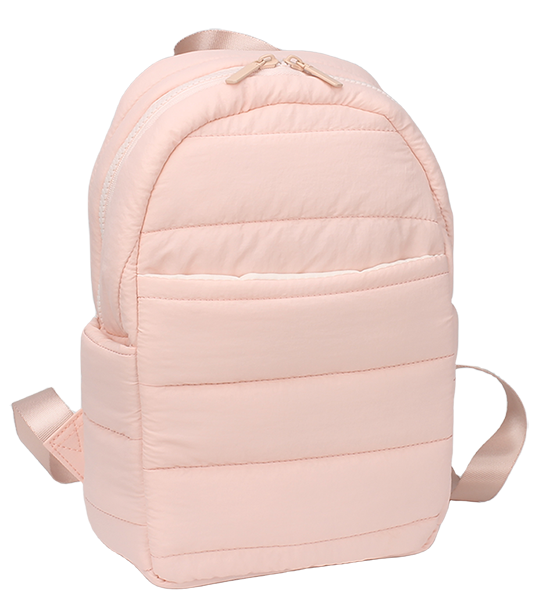 Quilted bubble cotton small backpack with front slip pocket, dual side pockets, adjustable ribbon shoulder straps and double zipper closure
