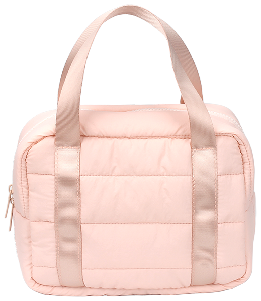 Square padded bubble quilted makeup tote bag with wide ribbon top handles, side zipper closure, lightweight portable toiletry storage bag