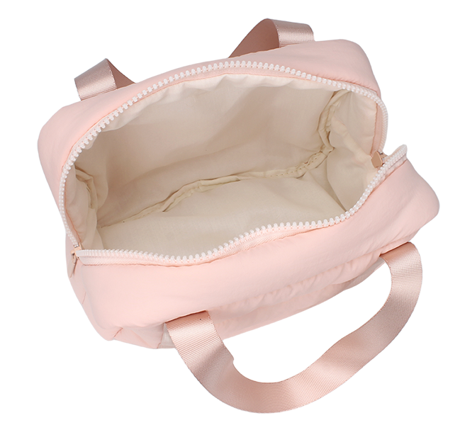 Square padded bubble quilted makeup tote bag with wide ribbon top handles, side zipper closure, lightweight portable toiletry storage bag