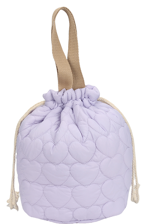 Light purple heart-shaped stitched padded drawstring makeup bag with canvas top handle, cotton rope drawcord, portable quilted toiletry storage sack